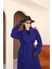 Kadın Saks Mavi Kruvaze Oversize Kuşaklı Uzun Kaşe Kaban 5