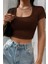 Kadın Kahverengi Yarım Kol Düz Yaka Crop Top Bluz 6