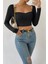 Kadın Siyah Uzun Kol Göğüs Dekolteli Şık Crop Top Bluz 5