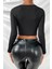 Kadın Siyah Göğüs Dekolteli Çapraz Askılı Uzun Kollu Crop Top Bluz 2