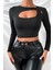 Kadın Siyah Göğüs Dekolteli Çapraz Askılı Uzun Kollu Crop Top Bluz 6