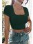 Kadın Yeşil Yarım Kol Düz Yaka Crop Top Bluz 4