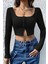 Kadın Siyah Uzun Kollu Agraflı Göğüs ve Göbek Dekolteli Crop Top Bluz 3