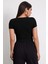 Kadın Siyah Yuvarlak Yaka Yarım Kol Crop Top Bluz 2