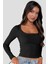 Kadın Siyah Kare Yaka Dantelli Uzun Kollu Crop Top Bluz 9