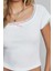 Kadın Beyaz Göğsü ve Kolları Dantelli Fiyonklu Kısa Kol Crop Top Bluz 7