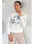 Kadın Bisiklet Yaka Baskılı Taş Işlemeli Sweatshirt P-00018552 2