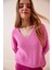 V Yaka Selanik Örgü Oversize Triko Kazak LZA0007 Pembe 1