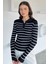 Kadın Polo Yaka Çizgili Yarım Düğmeli Triko Kazak P-00018494 1