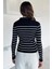 Kadın Polo Yaka Çizgili Yarım Düğmeli Triko Kazak P-00018494 4