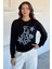 Kadın Bisiklet Yaka Baskılı Taş Işlemeli Sweatshirt P-00018484 1