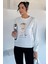 Kadın Bisiklet Yaka Baskılı Taş Işlemeli Sweatshirt P-00018478 2