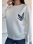 Kadın Ön ve Sırt Kelebek Baskılı Üç Iplik Şardonlu Bisiklet Yaka Sweatshirt P-00018482 2