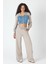 Denim Detaylı Kapşonlu Crop Eşofman Takım - Mavi-Bej Mavi-Bej - M 1