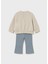 1-4 Yaş Kız Bebek Ikili Takım – Çiçek Detaylı Bej Şardonlu Sweat ve Mavi Bol Paça Tayt 2