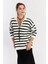Kadın Ekru-Siyah Polo Yaka Çizgili Triko Kazak COL01 3