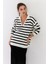 Kadın Ekru-Siyah Polo Yaka Çizgili Triko Kazak COL01 4