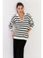 Kadın Ekru-Siyah Polo Yaka Çizgili Triko Kazak COL01 5