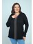 Kadın V Yaka Önü Şeritli Fitilli Soğuk Iplik Büyük Beden Triko Bluz 2