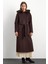 Kürklü Kapüşonlu Beli Bağlamalı Uzun Kaban Kahve 3107 2