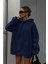 Unısex Lacivert Yumuşacık Kumaşlı Oversize Fit Ici Polarlı Kapüşonlu Sweatshirt Hoodie 6