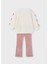 4-10 Yaş Kız Çocuk Krem Renk Şardonlu Fiyonk Detaylı Sweat ve Pembe Kadife Tayt 2’li Takım 2