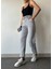 Kadın Gümüş Gri Kışlık Kalın Içi Polarlı Yüksek Bel Paçası Lastikli Basic Jogger Eşofman Altı 3