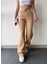 Kadın Bej Içi Polarlı Kışlık Bağcıklı Yüksek Bel Bol Paça Eşofman Altı 5