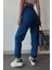 Kadın Indigo Mavi Kışlık Kalın Içi Polarlı Yüksek Bel Paçası Lastikli Basic Jogger Eşofman Altı 4