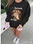 Kadın Bisiklet Yaka Dudak Baskılı Sweatshirt - 3 Iplik Kumaş, Siyah Renk, Oversize Rahat Kalıp 1