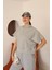 Kadın Gri Melanj Ay Kol Kapüşonlu Relaxed Kalıp Örme Crop Sweatshirt 2