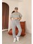 Kadın Gri Melanj Ay Kol Kapüşonlu Relaxed Kalıp Örme Crop Sweatshirt 4