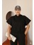 Kadın Siyah Ay Kol Kapüşonlu Relaxed Kalıp Örme Crop Sweatshirt 1