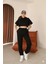 Kadın Siyah Ay Kol Kapüşonlu Relaxed Kalıp Örme Crop Sweatshirt 2