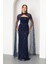 Kadın Lacivert Şallı Uzun Kol Dik Yaka Boncuklu Uzun Abiye Elbise 1