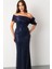 Kadın Lacivert Yaka Detay Boncuklu Uzun Abiye Elbise 2