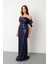 Kadın Lacivert Yaka Detay Boncuklu Uzun Abiye Elbise 3