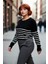 Kadın Bisiklet Yaka Çizgili Triko Kazak Standart Kol Rahat Kalıp Günlük Sonbahar Kış Şıklığı 4