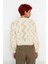 Kadın Ekru Kalın Dokulu Regular Fit Ajurlu Triko Kazak Uzun Kollu Süper Crop Dik Yaka Sonbahar Kış 3