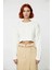 Kadın Basic Ekru Regular Fit Süper Crop Saç Örgü Bisiklet Yaka Uzun Kollu Akrilik Triko Kazak 2