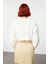 Kadın Basic Ekru Regular Fit Süper Crop Saç Örgü Bisiklet Yaka Uzun Kollu Akrilik Triko Kazak 3