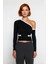 Kadın Modern Renk Bloklu Asimetrik Yaka Fitted Crop Uzun Kollu Triko Kazak Ilkbahar Sonbahar 2