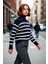 Modern Kadın Dik Yaka Triko Kazak Oversize Kesim Çizgili Desenli Uzun Kol Rahat Şıklık Kaliteli 3