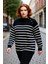 Kadın Rahat Siyah Çizgili Gold Düğme Detaylı Bisiklet Yaka Şardon Akrilik Triko Kazak Kışlık 4