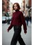 Kadın Oversize Fitilli Bordo Balıkçı Yaka Uzun Reglan Kollu Crop Akrilik Triko Kazak Kaliteli 1