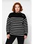 Kadın Siyah Çizgili Bisiklet Yaka Triko Kazak Gold Düğme Detaylı Şardon Akrilik Kışlık Şıklık 1