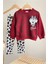Kalp Leopar Desenli Mnn Kız Çocuk 2 li takım - Bordo 2