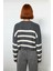 Kadın Basic Siluet Gri Çizgili Akrilik Materyal Crop Triko Kazak Uzun Kollu Günlük Şık Kaliteli 3