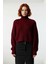 Rahat Kadın Oversize Bordo Balıkçı Yaka Uzun Kollu Fitilli Crop Triko Akrilik Kazak Kaliteli 2