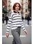 Kadın Polo Yaka Çizgili Oversize Triko Kazak Düşük Kol Rahat Kesim Kış Sonbahar Kombinleri 4